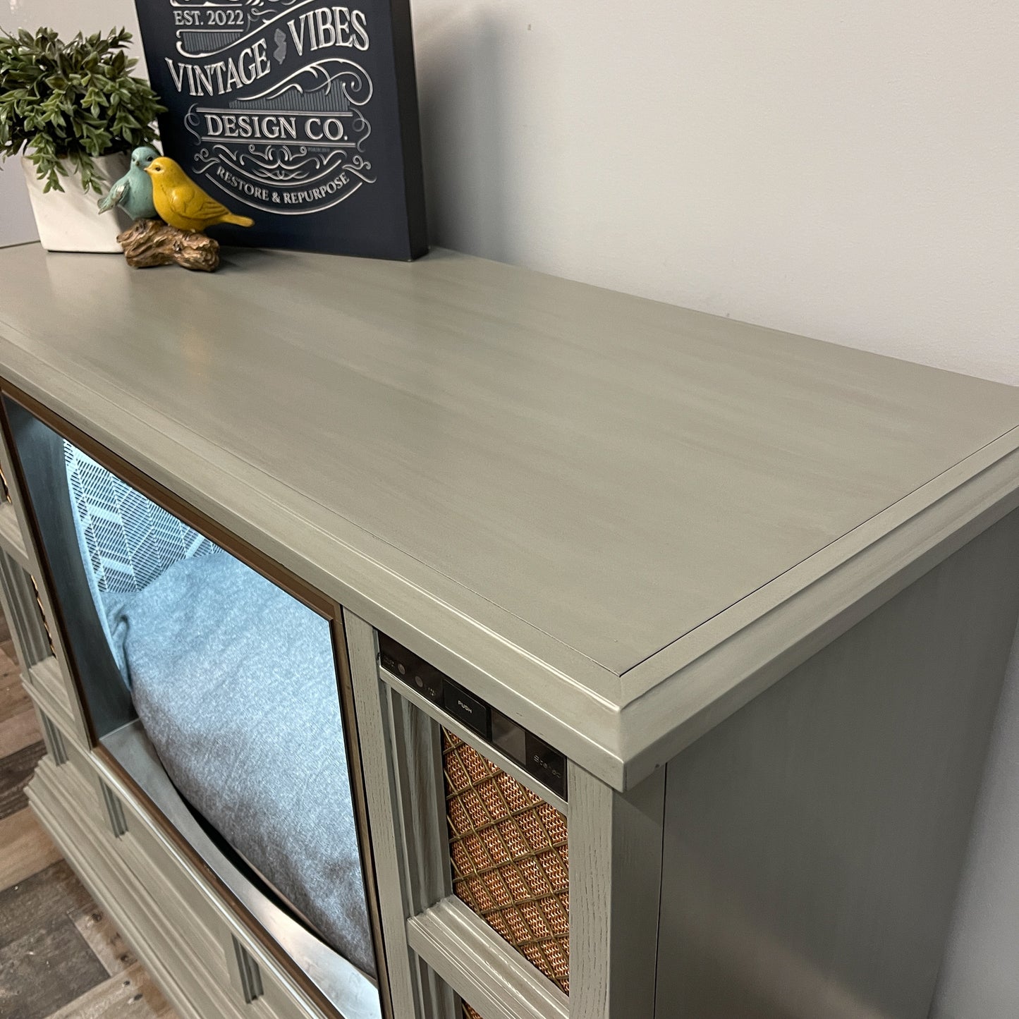 Vintage TV Cabinet Pet Bed - Sage Gray