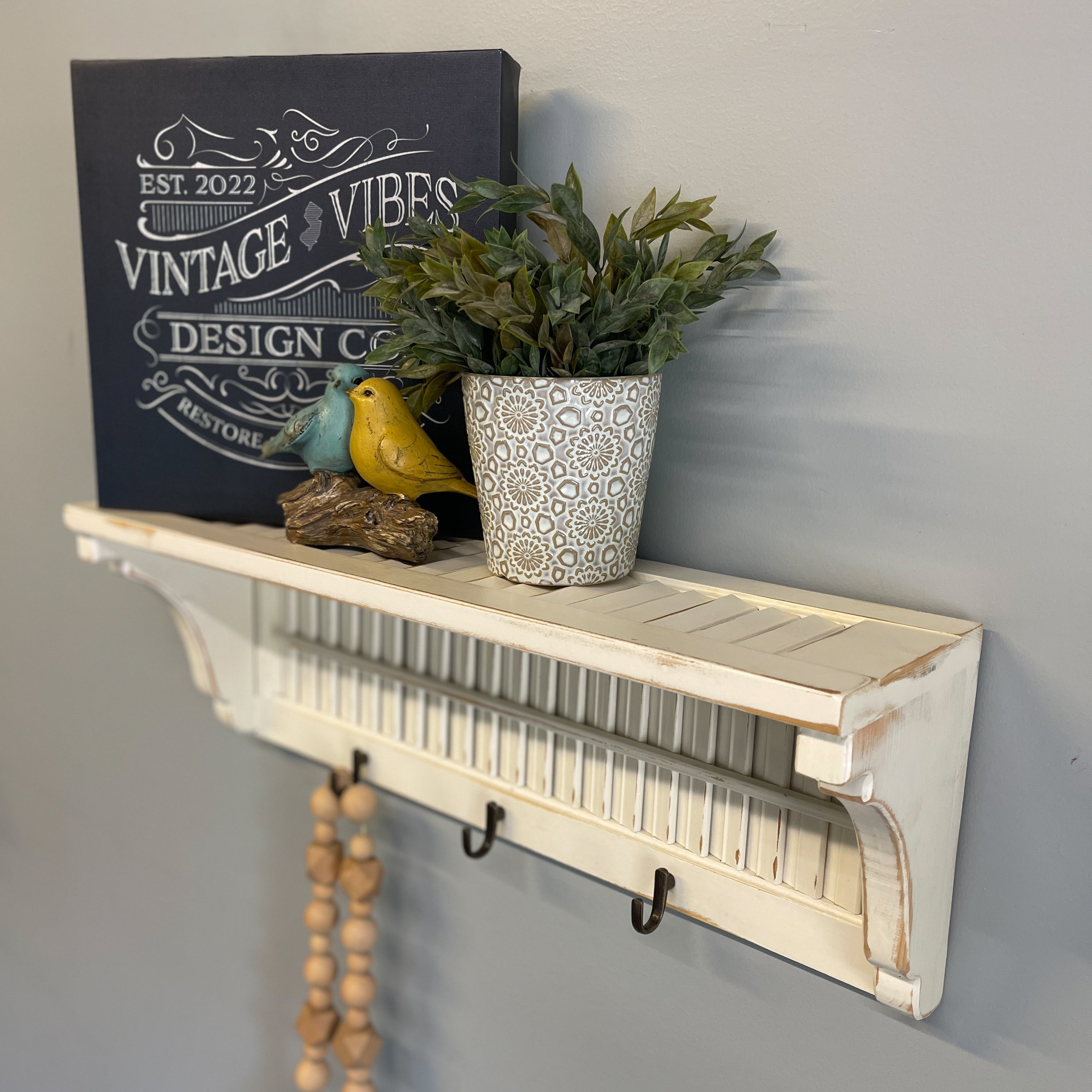 Wood Shutter Shelf with hooks